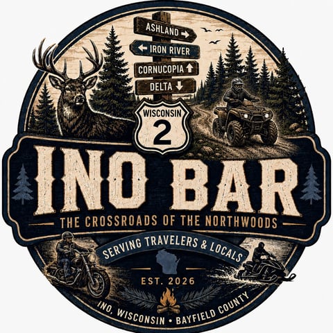 Ino Bar vintage-style emblem featuring deer, motorcycles, directional signs, and Wisconsin Route 2, established 2026
