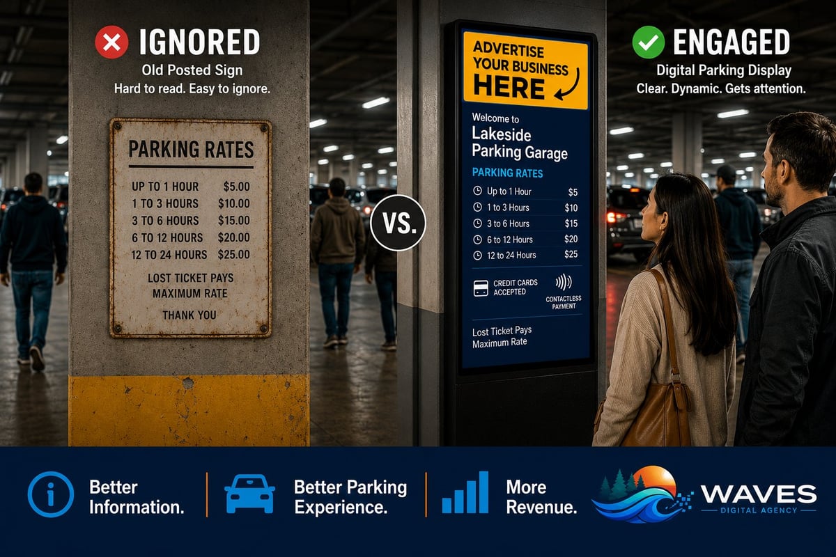 Comparison of old ignored parking sign versus new engaged digital parking display showing improved customer information and parking revenue at Lakeside Parking Garage