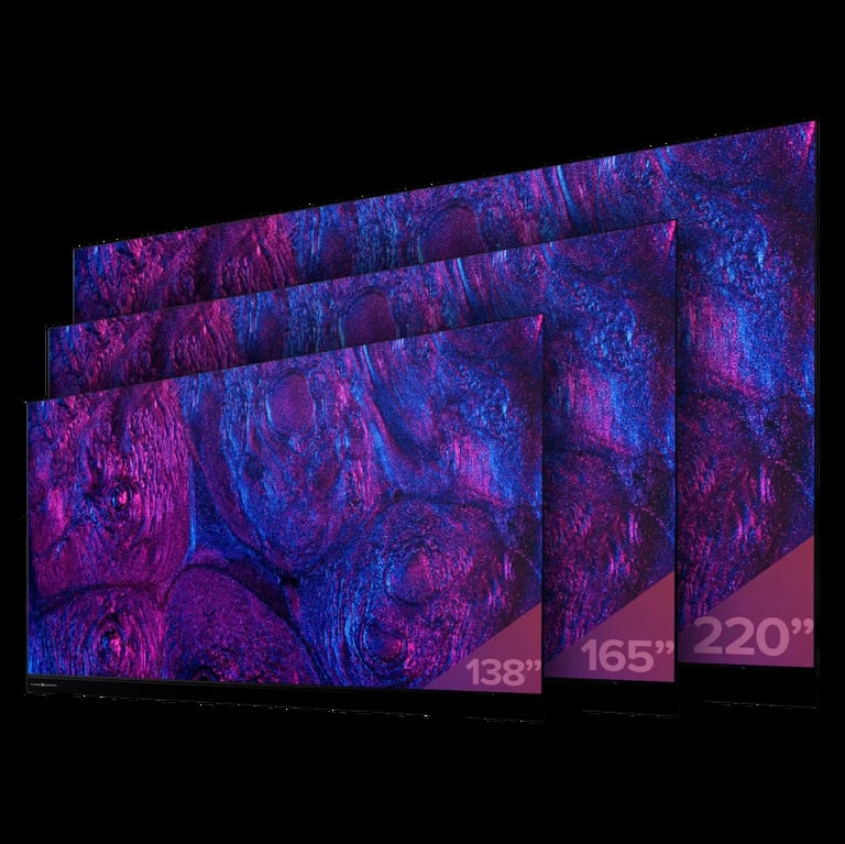 Three digital displays of increasing sizes showing vibrant purple and blue abstract patterns, labeled 138 inch, 165 inch, and 220 inch