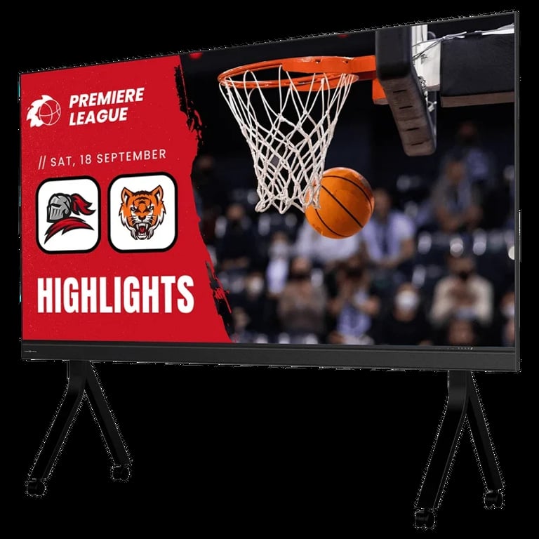TV screen on tripod stand displaying basketball game highlights with teams logos and premiere league information dated September 18