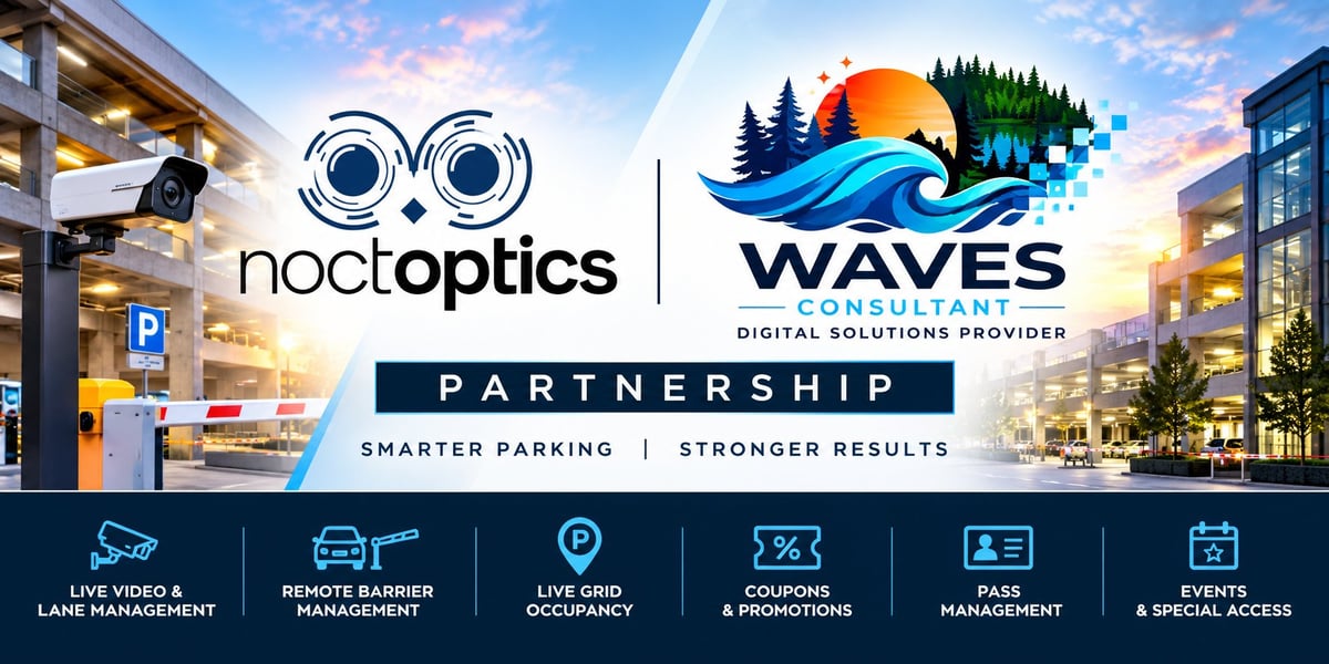 Nocloptics and Waves partnership logo banner showing smart parking and digital solutions with benefits icons