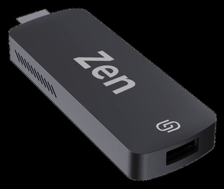 Zen stick computing device with black and gray design, featuring Zen branding and connectivity port