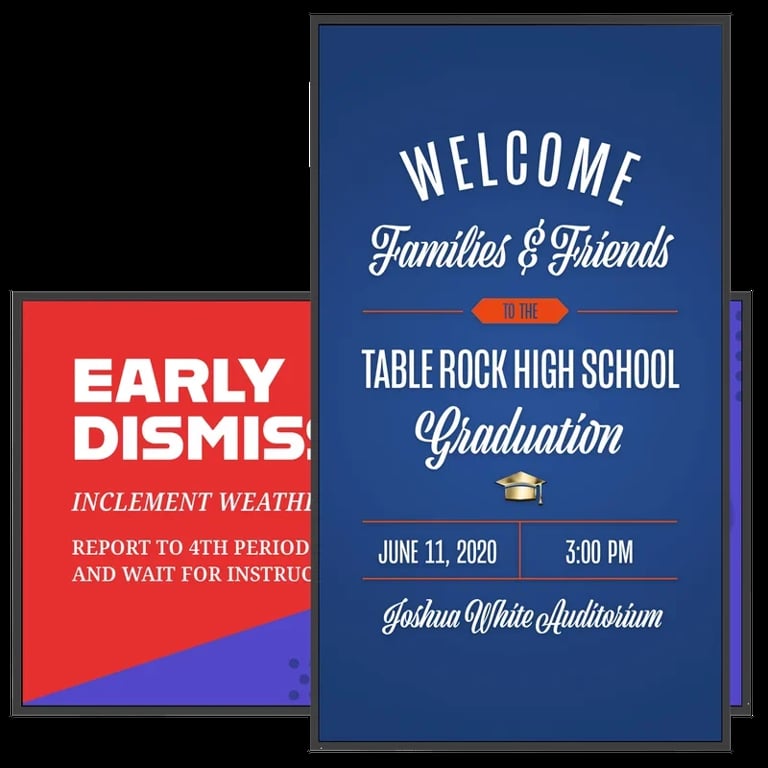 Two event signs: red Early Dismissal notice and blue Table Rock High School Graduation welcome sign for June 11, 2020 at Joshua White Auditorium