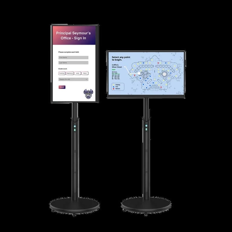 Two monitor stands displaying a Principal Seymours Office login page on the left screen and a data visualization map on the right screen