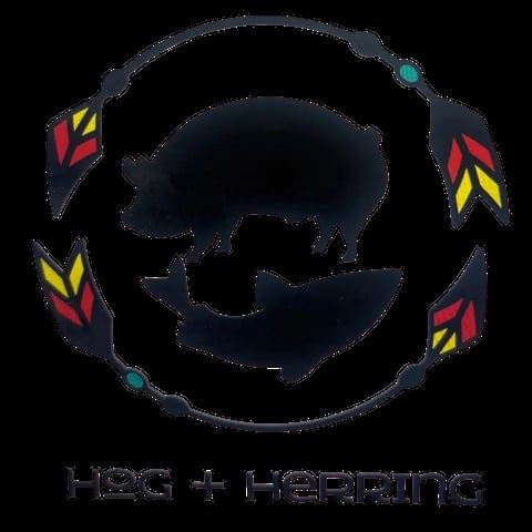 Hog and Herding logo featuring a silhouette of a pig surrounded by decorative feather designs in a circular arrangement