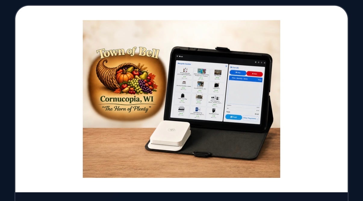 Town Hall Deli POS system setup showing tablet with payment interface and receipt printer on wooden counter