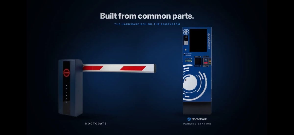 Product components diagram showing two parts of a barrier system labeled Noctumaire and parking station, with text Built from common parts