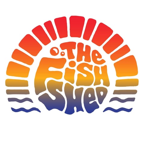 Colorful sunset logo with text reading To The Fish Shed, featuring radiating rays and wave design