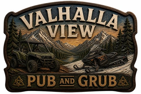 Valhalla View Pub and Grub logo featuring mountain landscape with off-road vehicles and Norse symbols