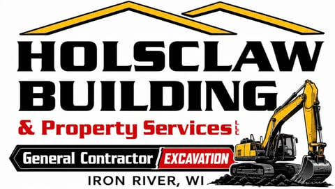 Holsclaw Building and Property Services logo featuring yellow roofline, excavator equipment, and general contractor and excavation services text, Iron River, WI